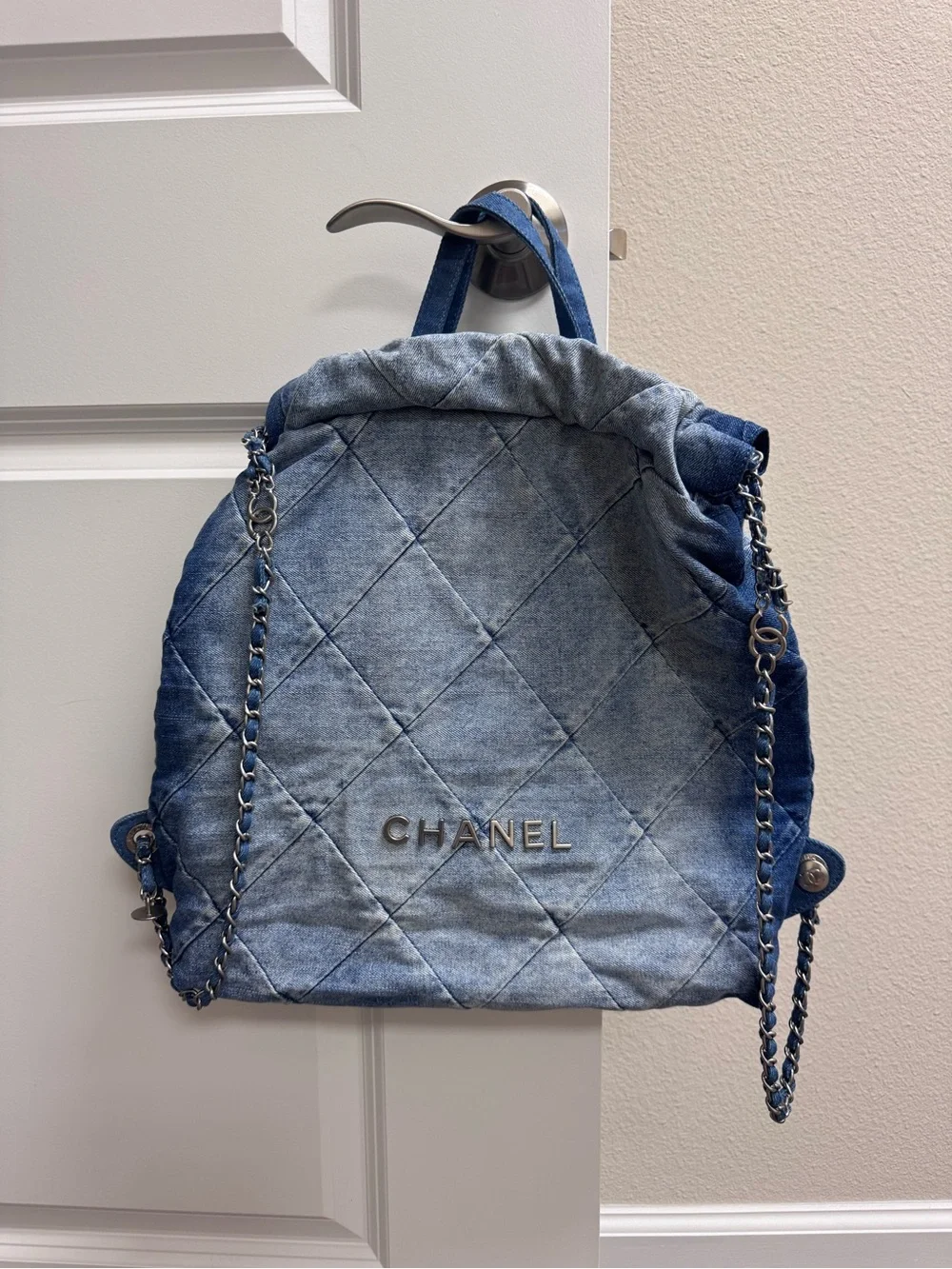 Denim Quilted Backpack in Faded Blue
